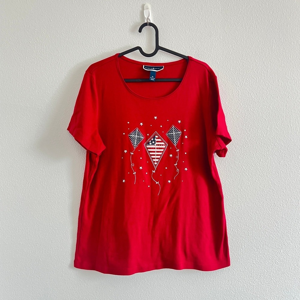 Karen Scott Red Patriotic 4th of July Cotton Graphic Tee XL Retro Summer Picnic